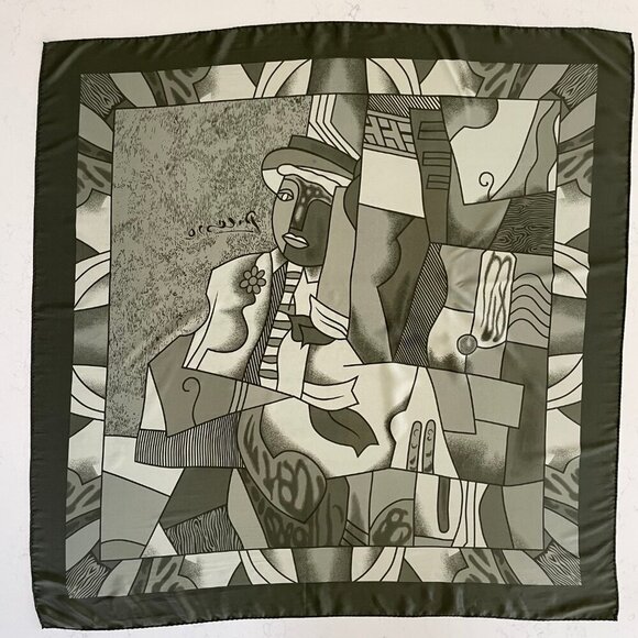 Picasso Art Inspired w Wide Solid Border 34" x 34" Square Scarf Green - no tags - Picture 4 of 7